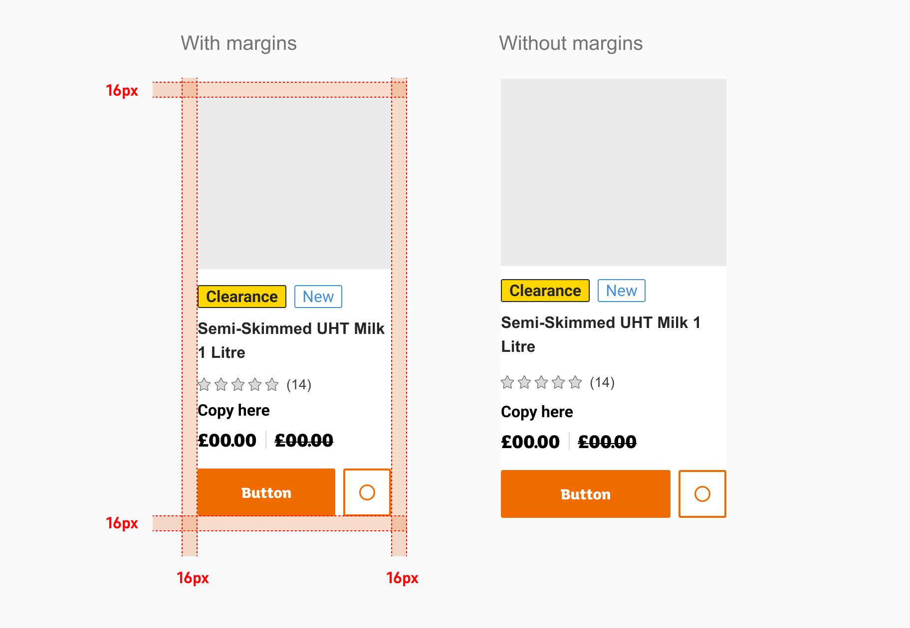 Product card with and without margins